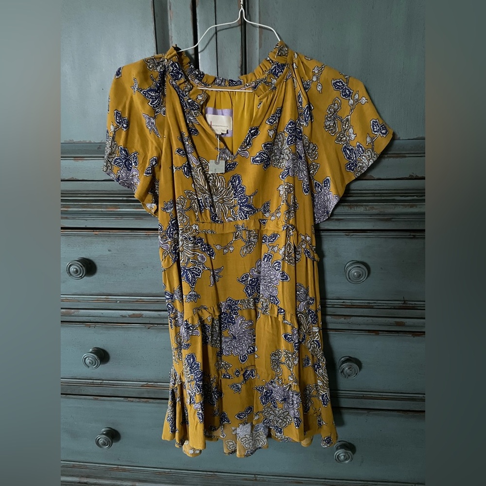 NWT Anthropologie Robin Tiered Mini Dress Mustard Combo PXS